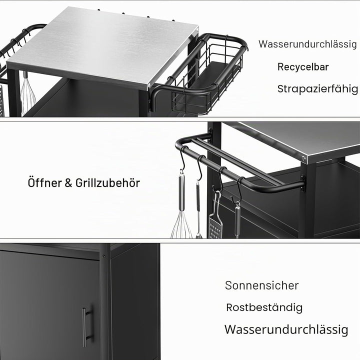Edelstahl Grillwagen 3-Etagen, Grilltisch Outdoor mit Schrank, Outdoorküche mit 2 Rollen, 4 Haken &amp;