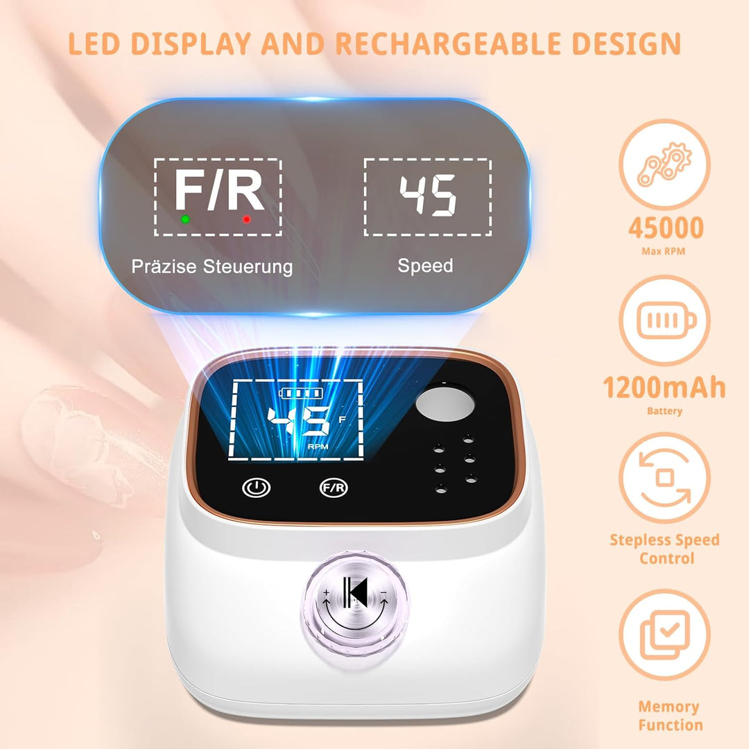 Professionelle Elektrische Nagelfeile 45000U/M für Gelnägel und Acrylnägel mit LCD-Display, Bit-Lock