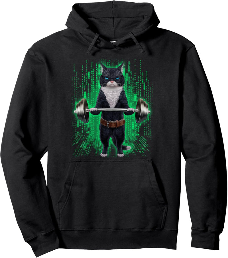 Bicolor Katze, die Gewichte im Cyber-Fitnessstudio hebt Pullover Hoodie