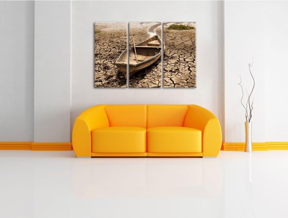 Boot in der Dürre als 3-Teiler Leinwandbild 120x80 Bild auf Leinwand, XXL riesige Bilder fertig gera