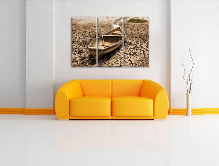Boot in der Dürre als 3-Teiler Leinwandbild 120x80 Bild auf Leinwand, XXL riesige Bilder fertig gera