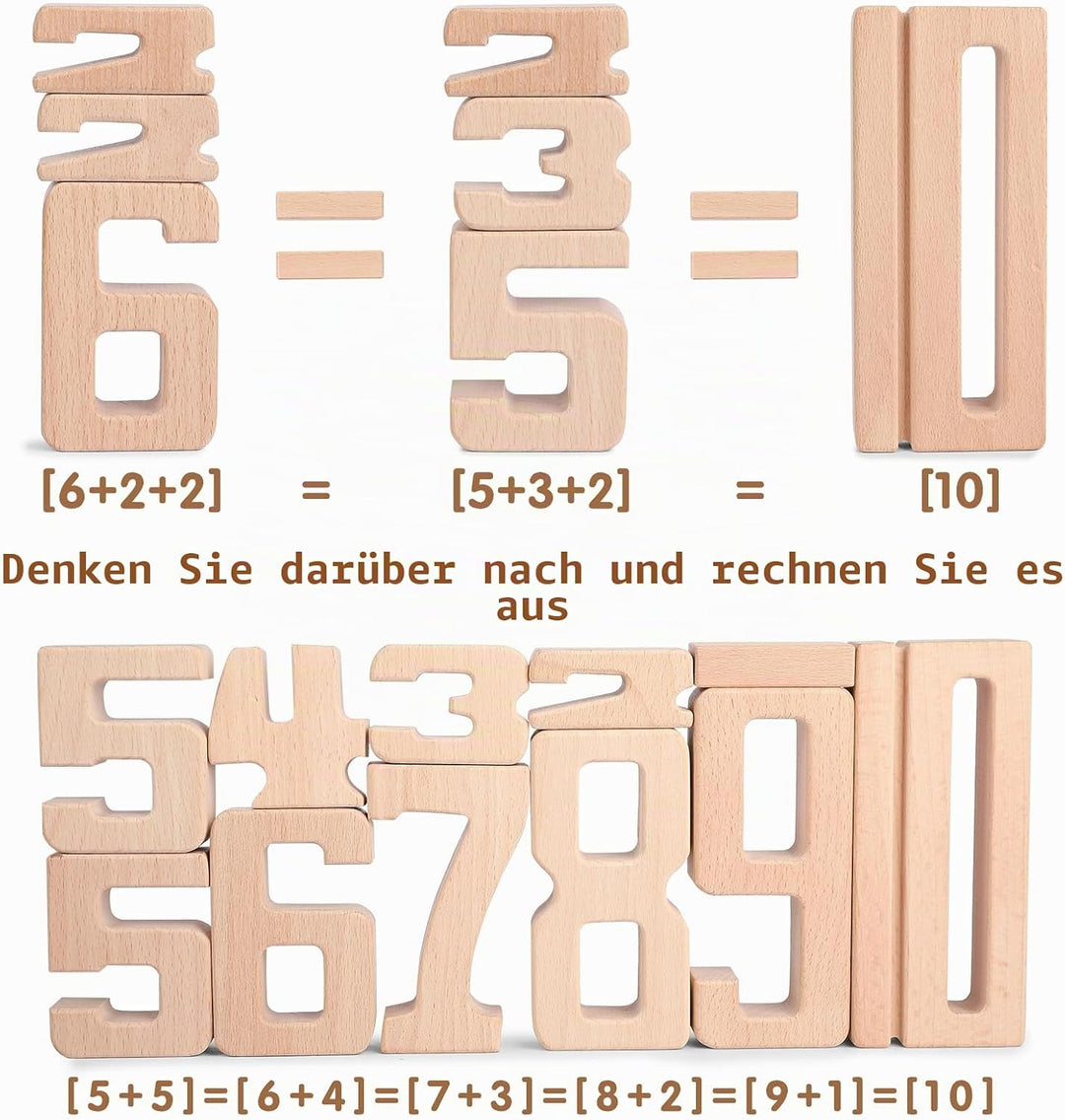 Holz Zahlbausteine, Grosse Ziffernblöcke 1-10, 32 Stück Mathebausteine Zahlenspiele für Kinder, Bild