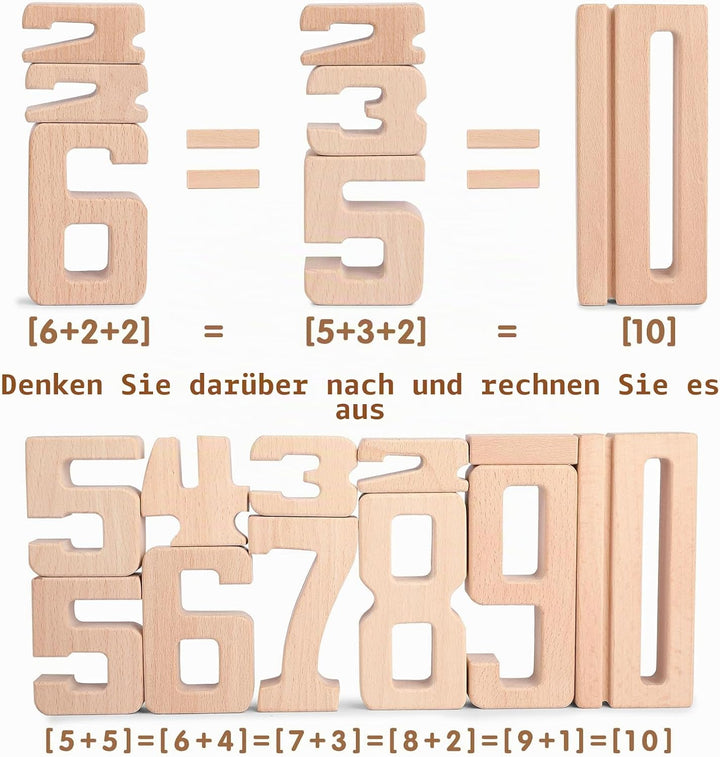 Holz Zahlbausteine, Grosse Ziffernblöcke 1-10, 32 Stück Mathebausteine Zahlenspiele für Kinder, Bild