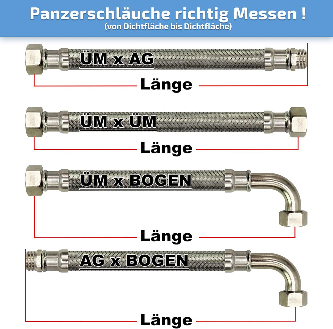 Flexschlauch Edelstahl Panzerschlauch *ITALY Anschlussschlauch Sanitär Hauswasserwerk (DN13, 1/2" AG