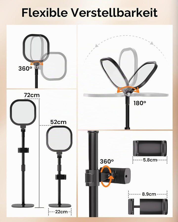 Ringlicht mit Stativ, Ring Licht für Laptop mit Handy Stativ 3 Lichtfarben 10 Helligkeiten Tisch Sel
