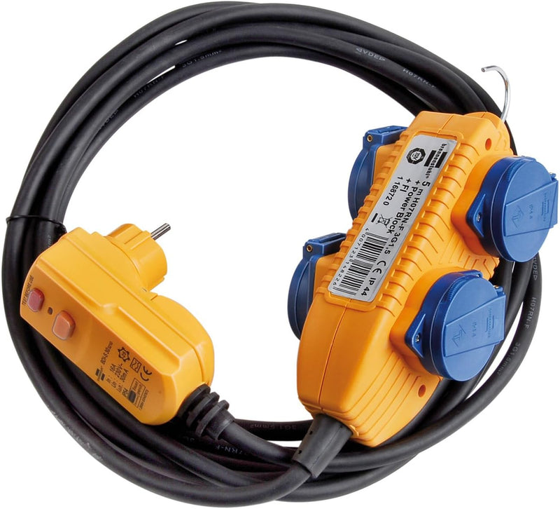 Brennenstuhl Schutzadapterleitung FI IP44 mit Powerblock Baustelleneinsatz und Outdoor 4-fach 5m, 11