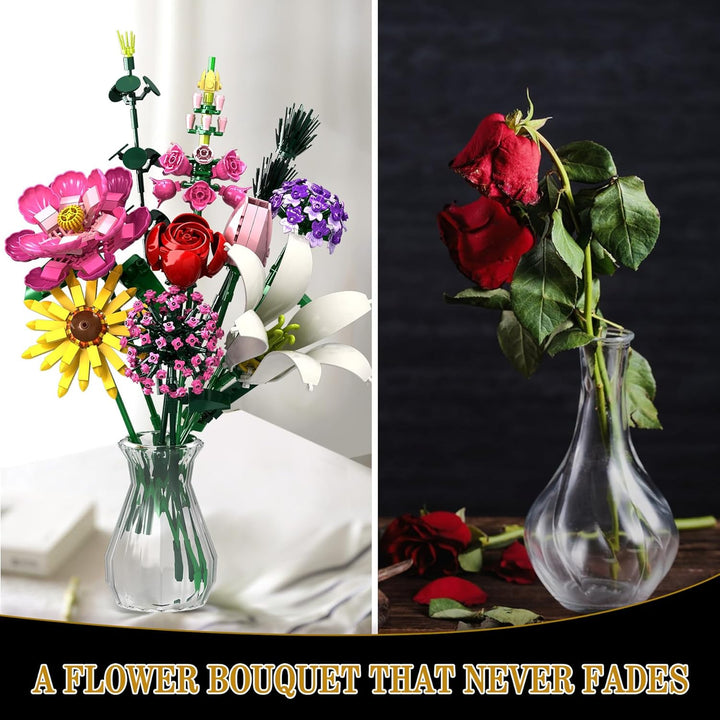 Flower Clusters Blumenstrauss-Bausatz-Set, 721 Teile Ewiger Strauss mit Pfingstrose, Rose, Sonnenblu