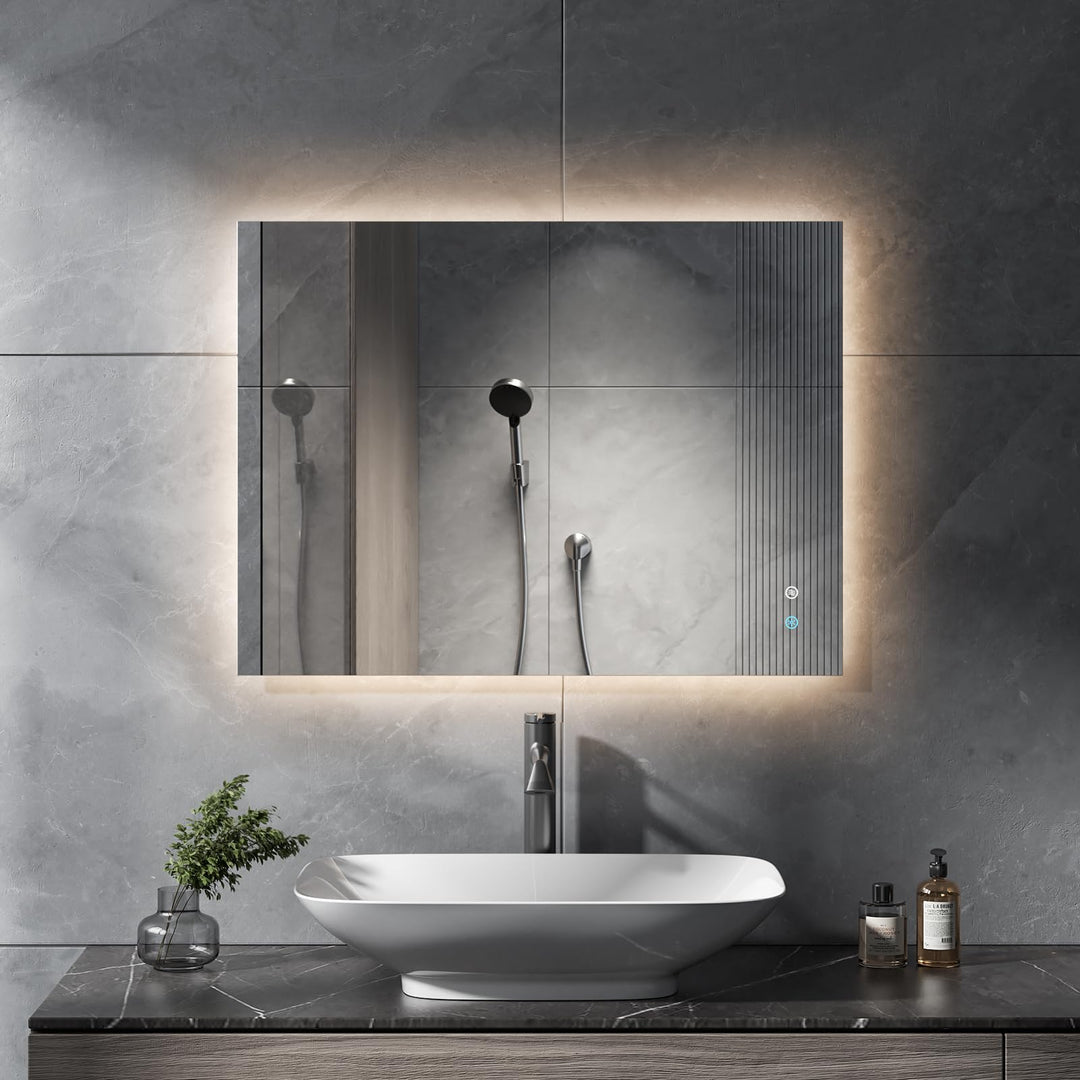 Badspiegel mit Beleuchtung Rechteckig 60x80cm,Touch-Schalter, Dimmbar,Beschlagfrei,3 Lichtfarben Dim