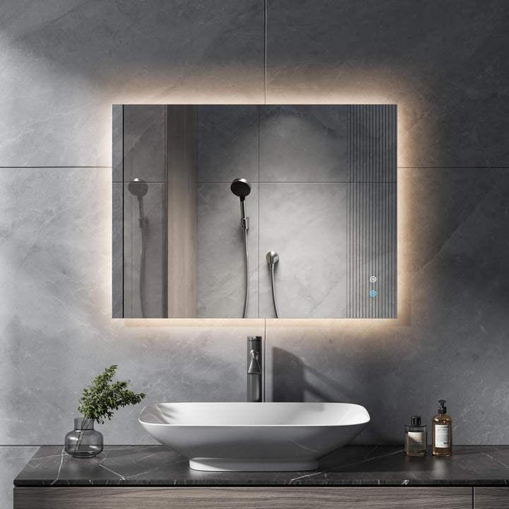 Badspiegel mit Beleuchtung Rechteckig 60x80cm,Touch-Schalter, Dimmbar,Beschlagfrei,3 Lichtfarben Dim