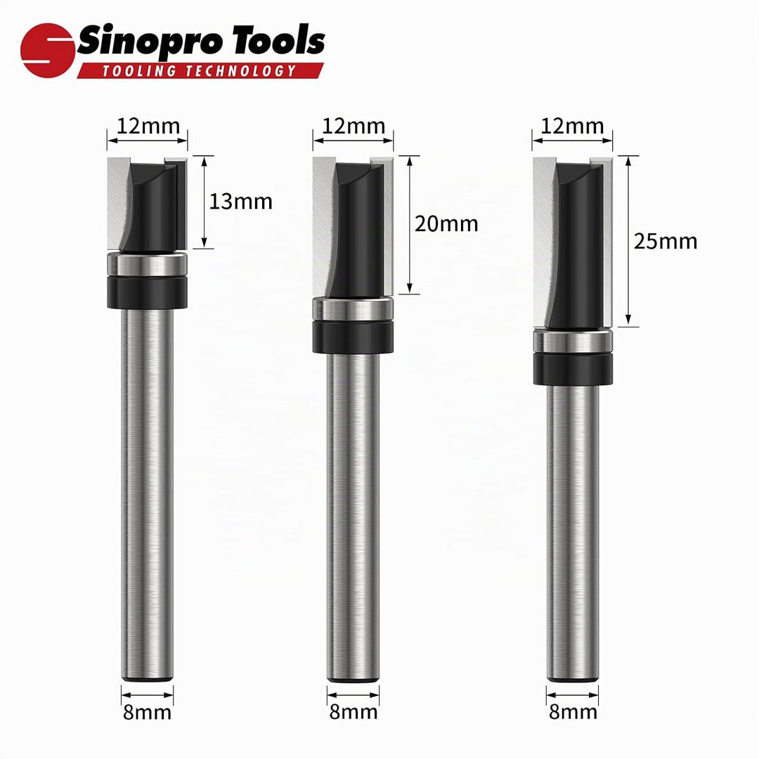Sinoprotools 3 Stück Bündigfräser – 8mm Schaft Ø 12 mm Kopierfräser,Bündigfräser mit Auswechselbarem