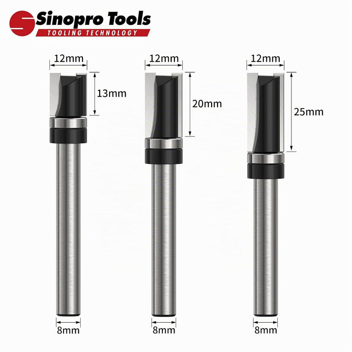 Sinoprotools 3 Stück Bündigfräser – 8mm Schaft Ø 12 mm Kopierfräser,Bündigfräser mit Auswechselbarem