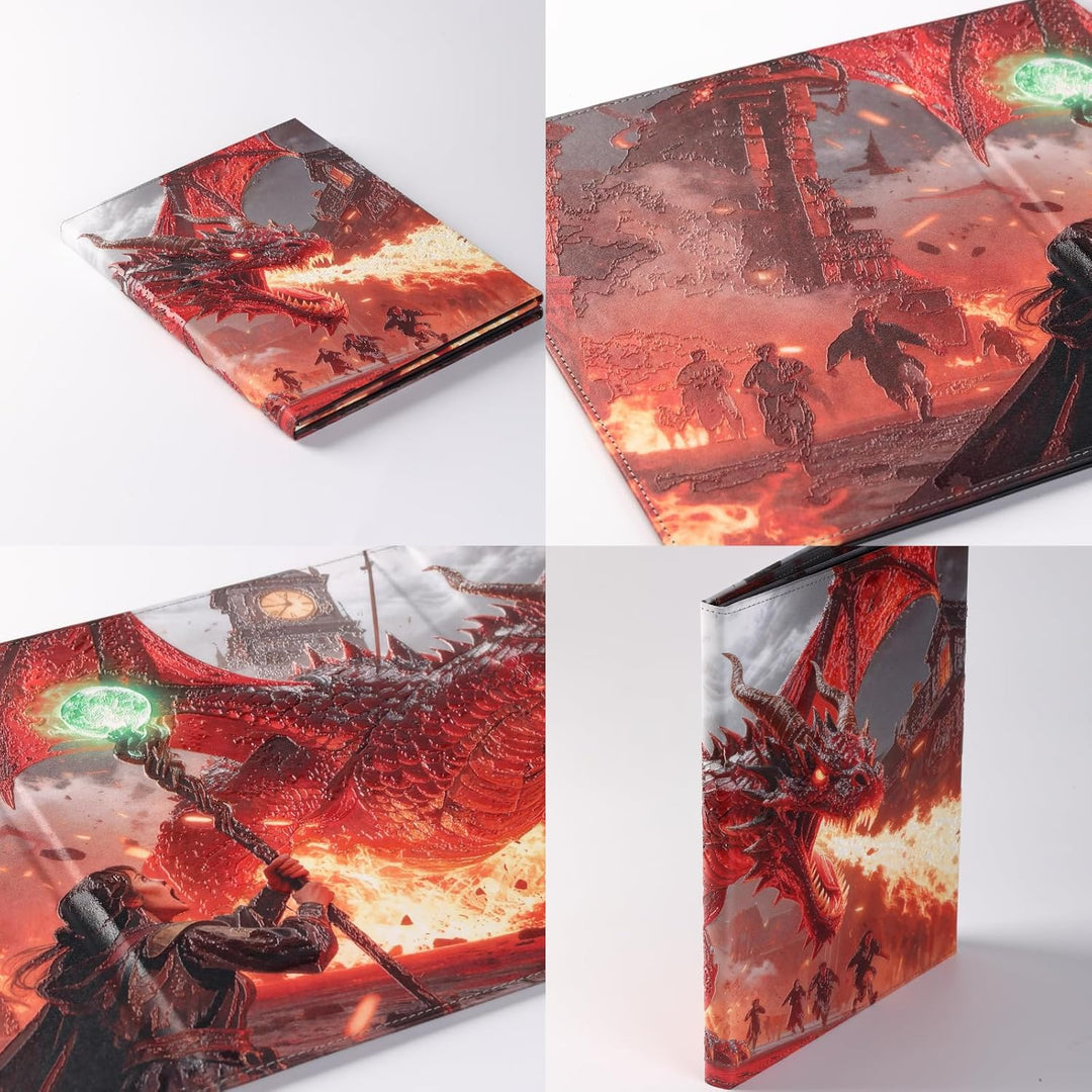 DND 5e DM Screen Deluxe-8 Kunstleder-Panels 2 schwenkbaren Nasslösch-Taschen&3D Relief Drachen Krieg