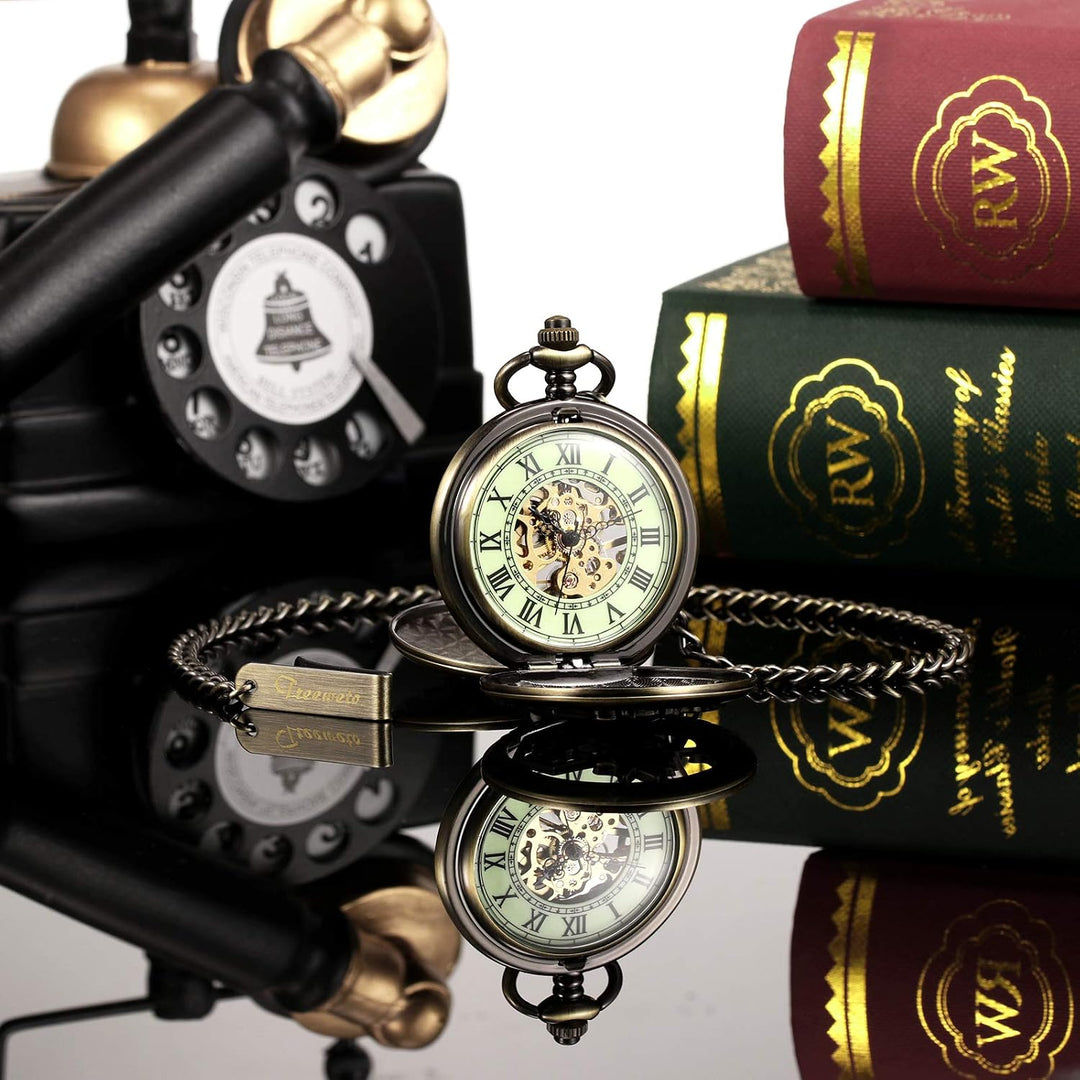 TREEWETO Unisex Taschenuhr Mechanisch Doppelter Abdeckung Fullmetal Alchemist Leuchtend Skelett Stea