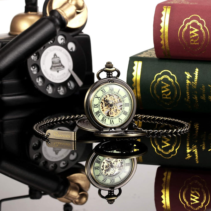 TREEWETO Unisex Taschenuhr Mechanisch Doppelter Abdeckung Fullmetal Alchemist Leuchtend Skelett Stea