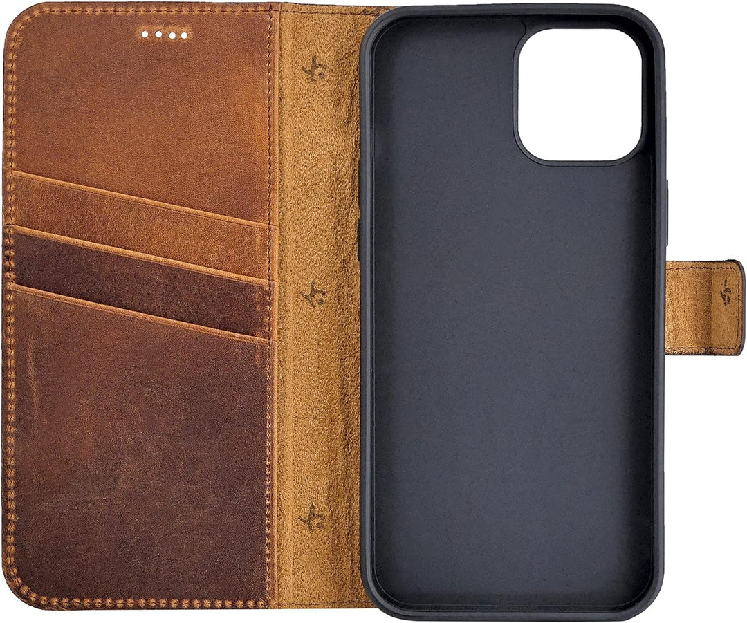 Suncase Book-Style Hülle kompatibel mit iPhone 12 (6.1") Leder Tasche (Slim-Fit) Lederhülle Handytas