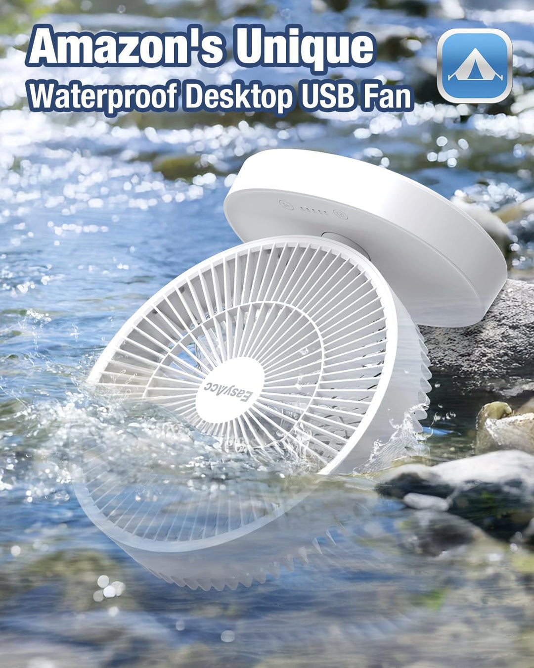 EasyAcc 9 Zoll USB Tischventilator mit Luftzirkulation|Wasserdichtig IP 67|Starker Wind|24 dB Super