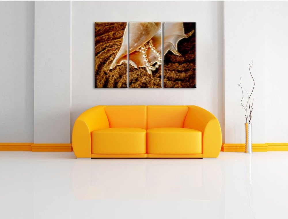 Pixxprint Muschel mit Perlen als Leinwandbild/Grösse: 3 Teilig (120x80) cm/Wandbild/Kunstdruck/ferti
