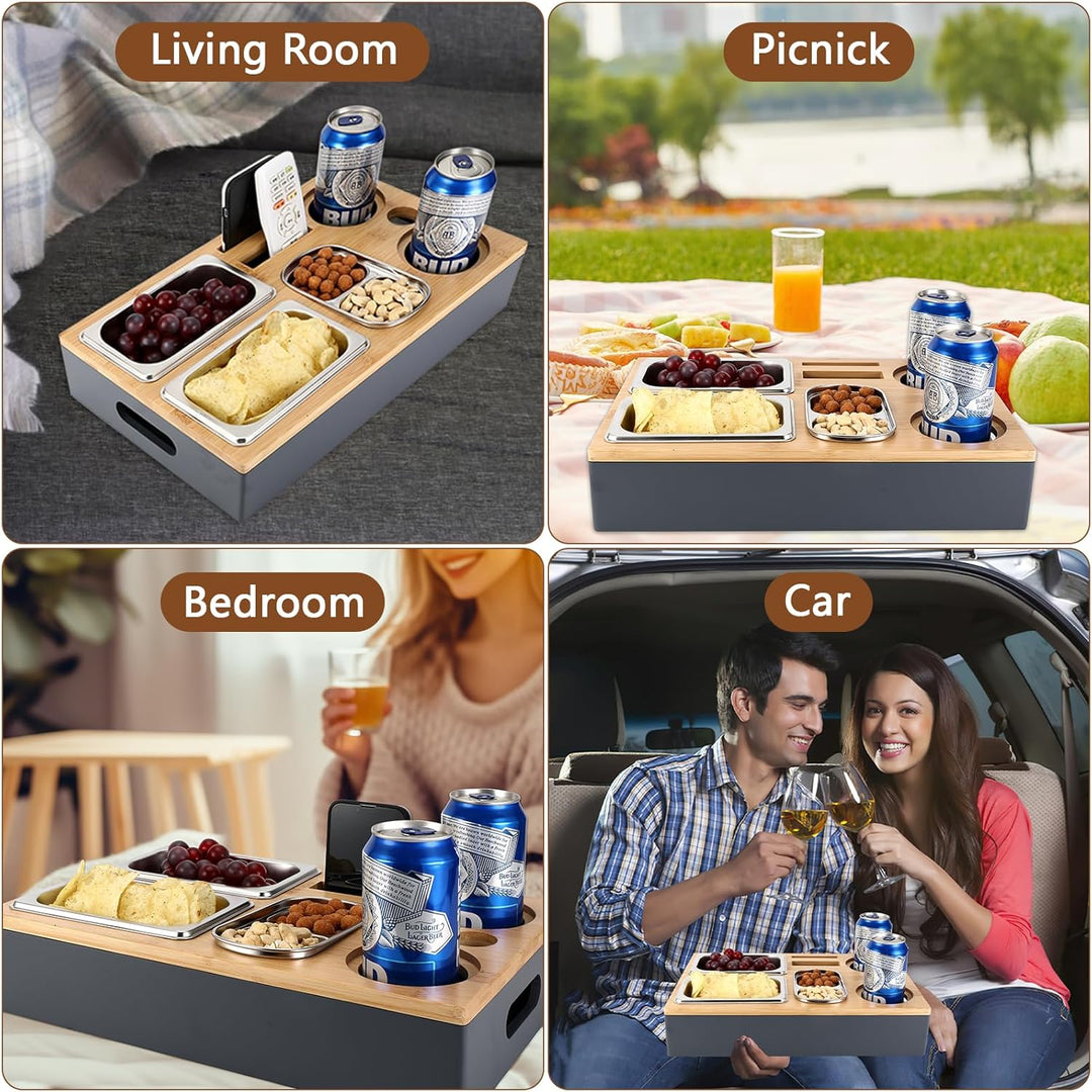 Collazoey Couchbar Snackbox, Mit Snackschalen Aus Edelstahl,mit Abnehmbarer Deckel, Couch Tablett, S