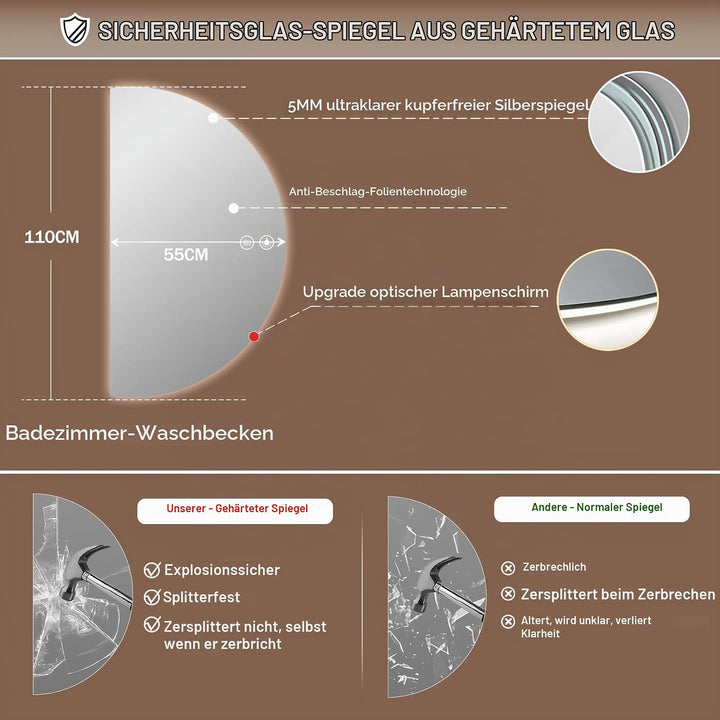 Badspiegel mit Beleuchtung 110 × 55cm, Badezimmerspiegel Wandspiegel und Touch-Schalter, Halbrunder