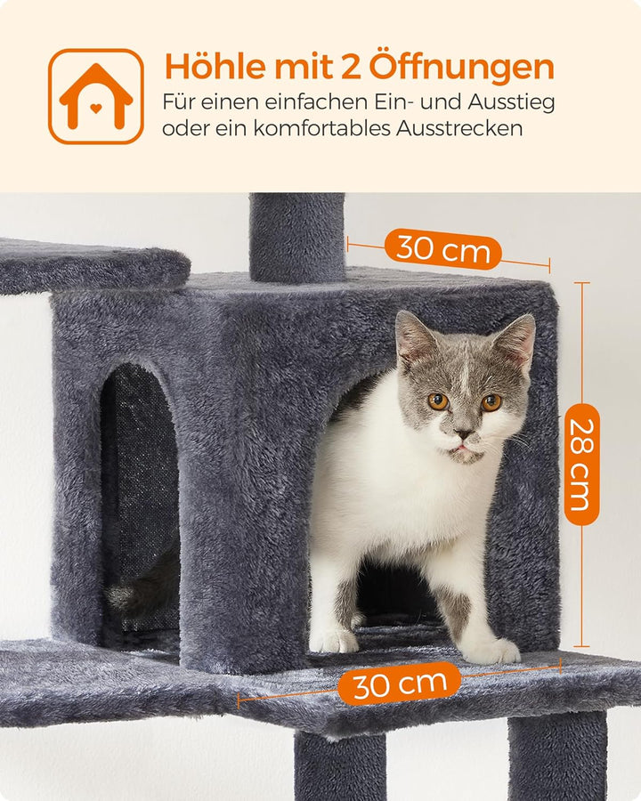 Feandrea Kratzbaum, 143 cm hoch, Katzenbaum, mehrstöckige Katzenhaus, mit 4 Kratzsäulen, 2 Plattform