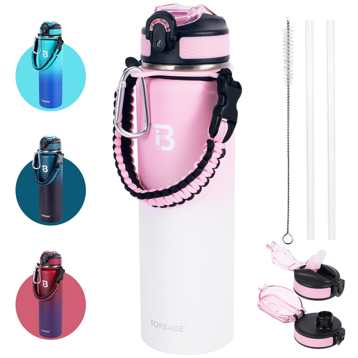 TOPBADE Trinkflasche Edelstahl 1L mit Strohhalm Deckel und Chug, 1000ml Auslaufsichere Doppelwand Wa