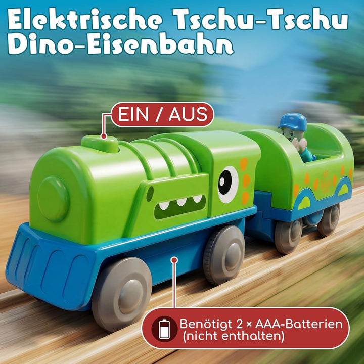 Lehoo Castle Holzeisenbahn mit Elektrischer Lok Dinosaurier, Freizeitpark Holz Eisenbahn Kinder, Hol