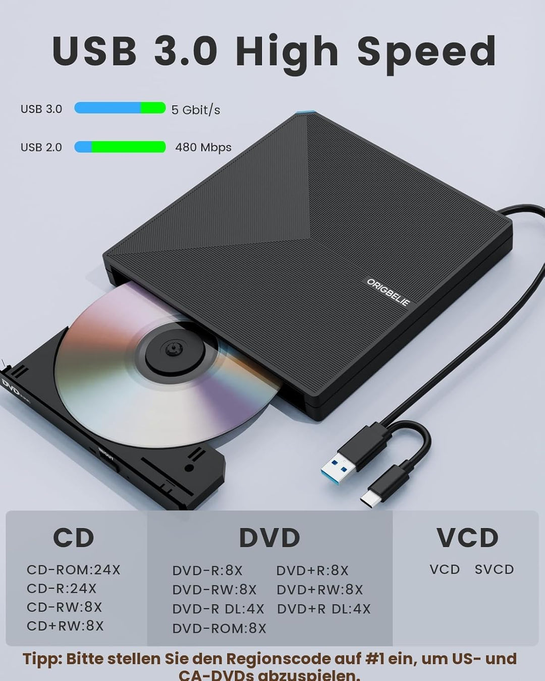 ORIGBELIE Externes DVD Laufwerk, USB 3.0 Typ C CD DVD +/-RW Externer DVD Brenner, Ultra-Slim Externe