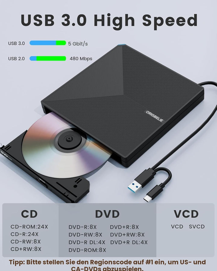 ORIGBELIE Externes DVD Laufwerk, USB 3.0 Typ C CD DVD +/-RW Externer DVD Brenner, Ultra-Slim Externe