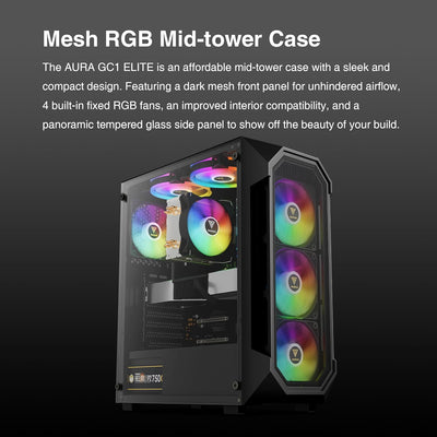 GAMDIAS Aura GC1 Elite ARGB ATX Gaming Midi-Tower PC-Gehäuse, 4 x 120 ARGB-Lüfter, High Airflow Mesh