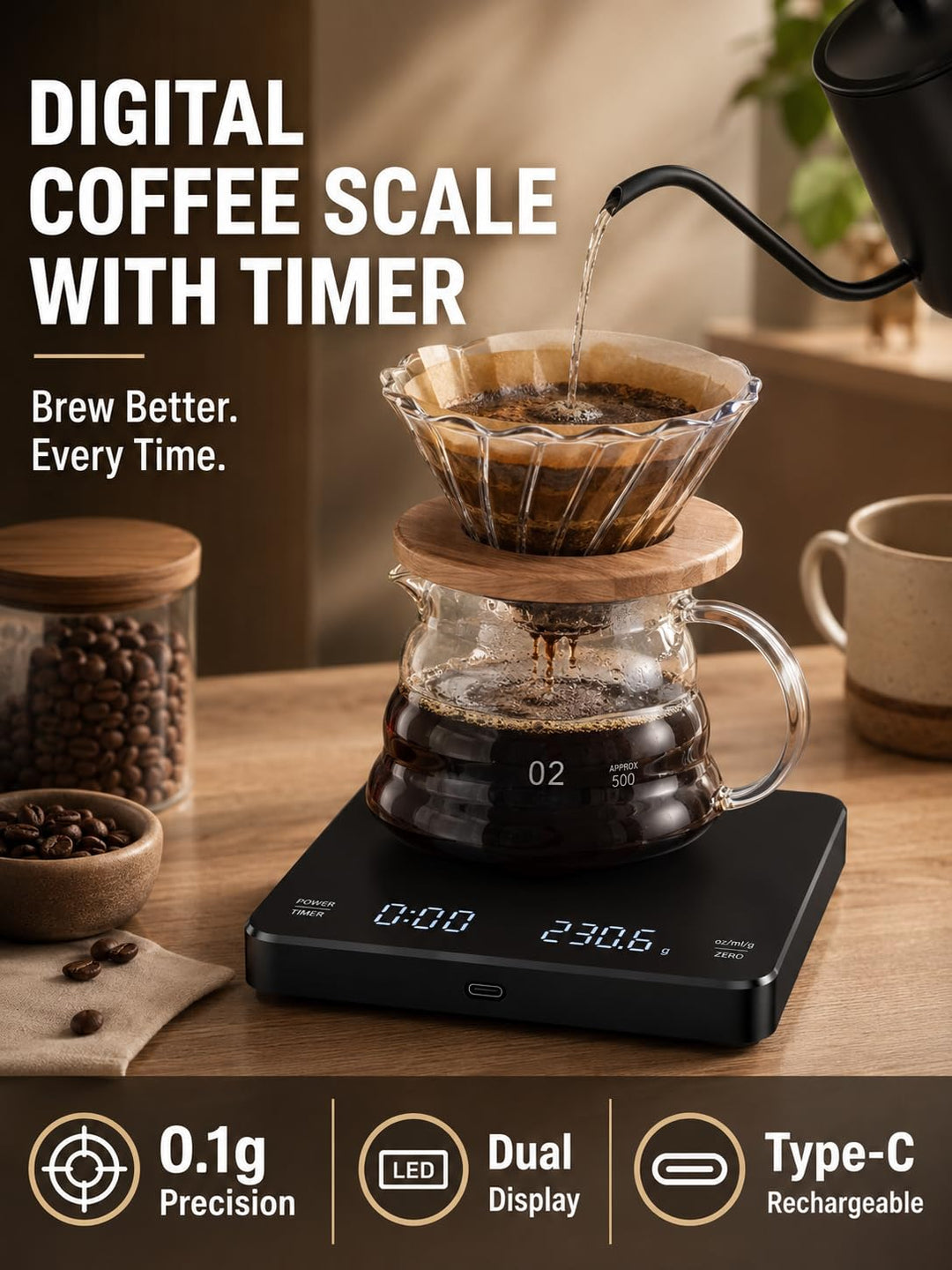 VOBOR Kaffeewaage mit Timer 3kg/0.1g, Automatischen und Manuellen Zeitmessungsmodus, Wiederaufladbar