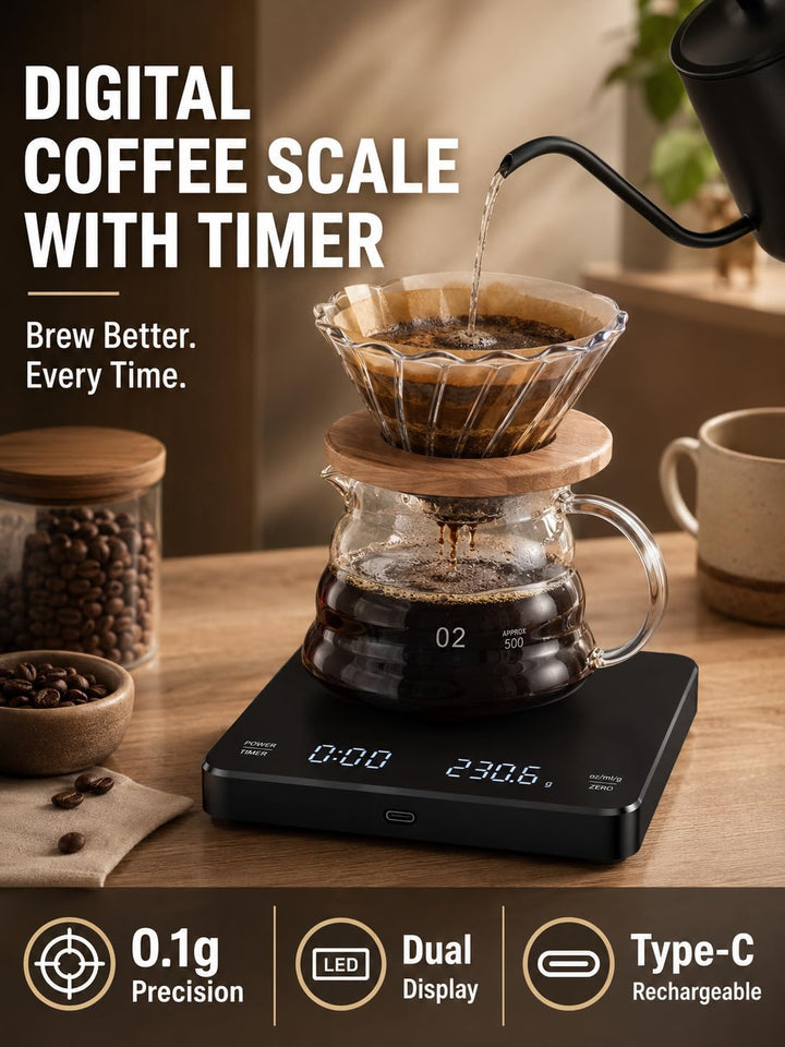 VOBOR Kaffeewaage mit Timer 3kg/0.1g, Automatischen und Manuellen Zeitmessungsmodus, Wiederaufladbar