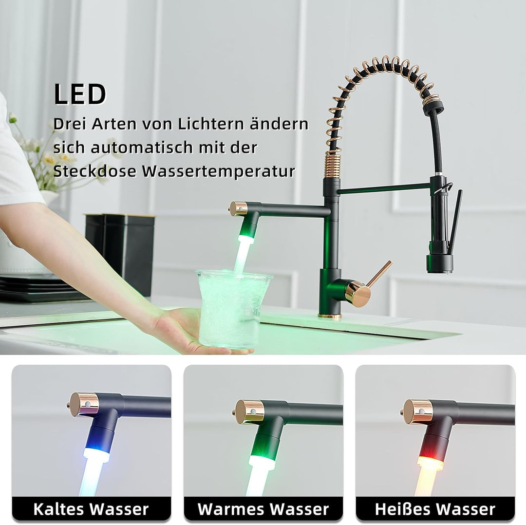 AIMADI LED Wasserhahn Küche Küchenarmatur 360° Schwenkbar mit Spiralfeder Herunterziehen Brause Arma