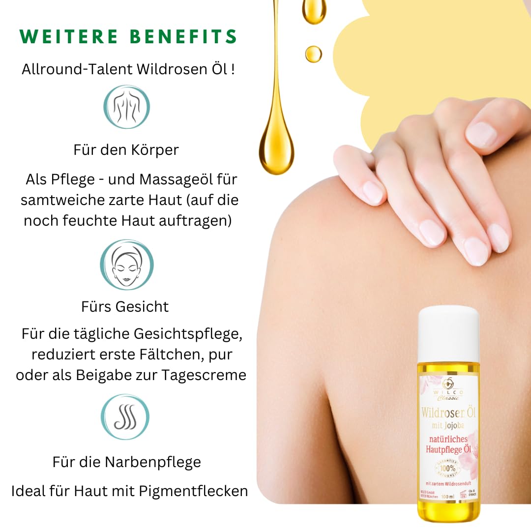 Wildrosen-Öl, Wilco Classic, 100% Naturrein, für Körper und Gesicht. Gesichts und Haut-Öl. Mit zarte