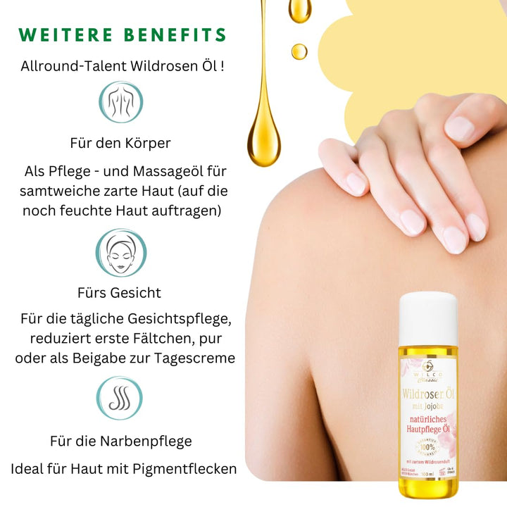 Wildrosen-Öl, Wilco Classic, 100% Naturrein, für Körper und Gesicht. Gesichts und Haut-Öl. Mit zarte
