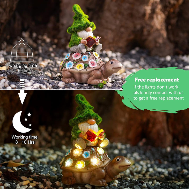 Yeomoo Solar Zwerg Reiten Schildkröte Gartendeko für Draussen Figuren - mit Blumen LED Lichterkette