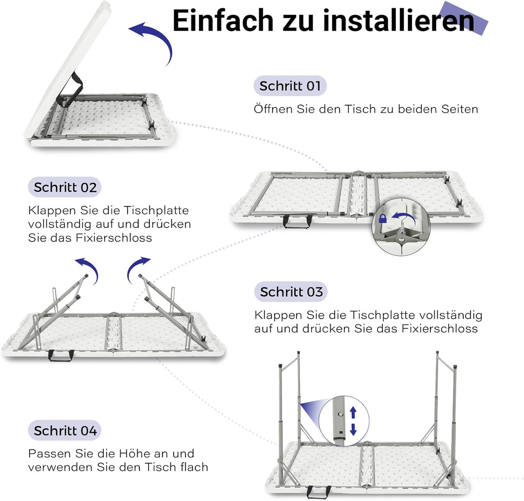 Klapptisch 120 cm tragbar, höhenverstellbar Campingtisch, Gartentisch Esstisch Partytisch klappbar f