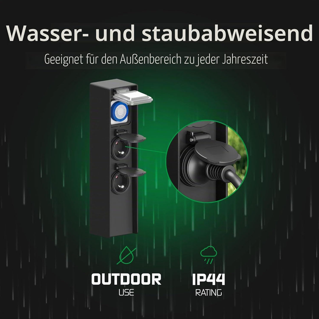 Ledvion - Aussensteckdose mit Pfahl, Inkl. Timer, 2 Steckdosen, Wasserdicht IP44, 3 Jahre Garantie