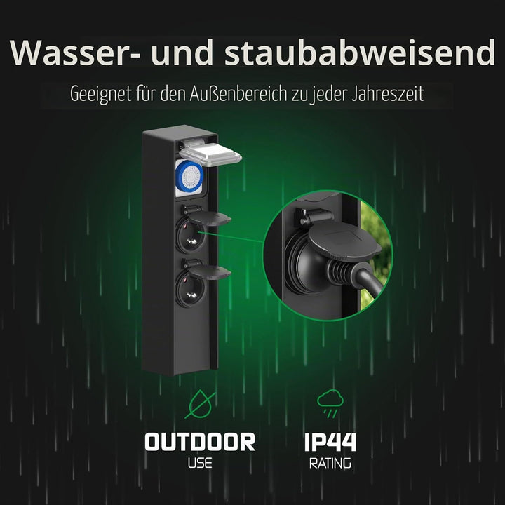 Ledvion - Aussensteckdose mit Pfahl, Inkl. Timer, 2 Steckdosen, Wasserdicht IP44, 3 Jahre Garantie