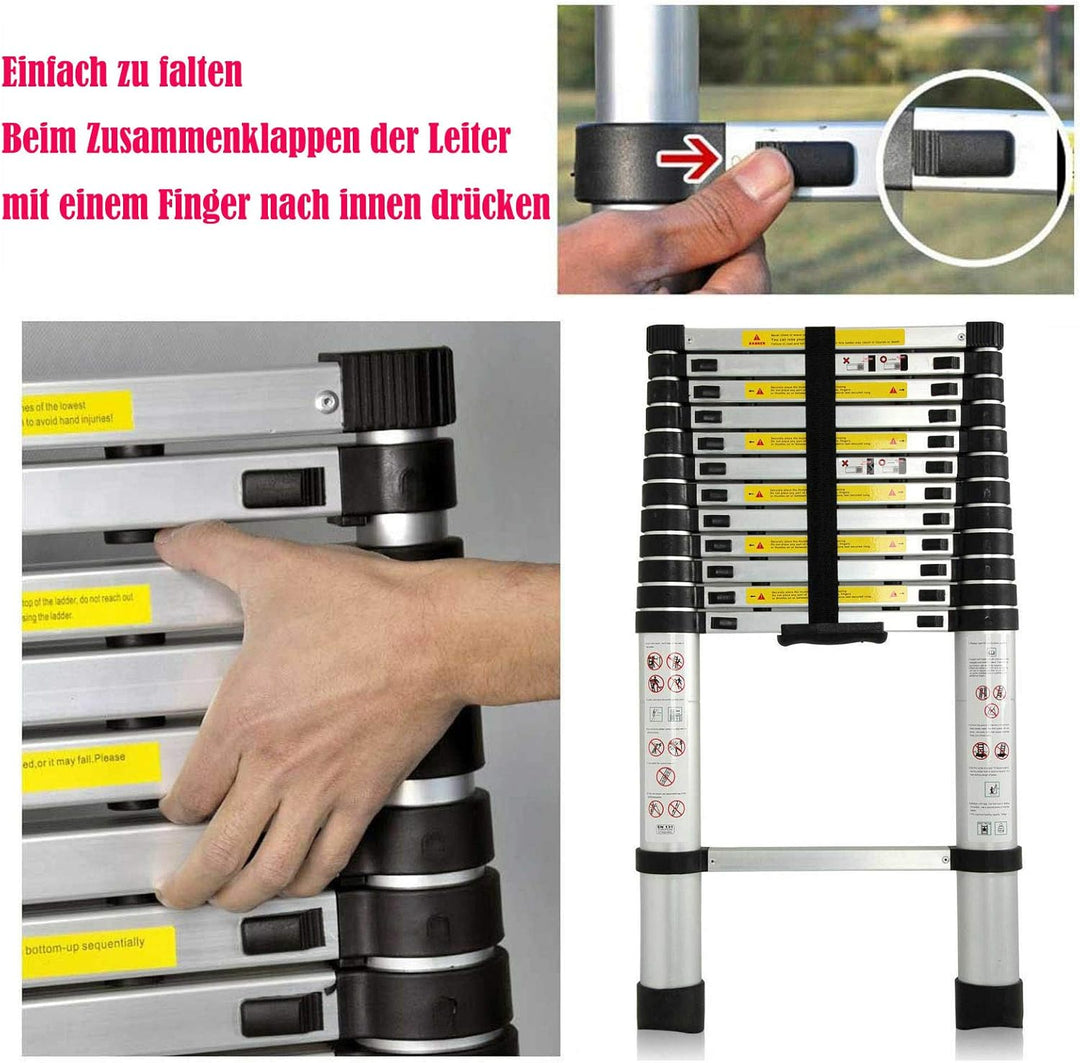 3,8 M Aluminium-Teleskopleiterverlängerung Ausziehbare Stufen 150 kg Belastung EN131 Mehrzweck-Faltl