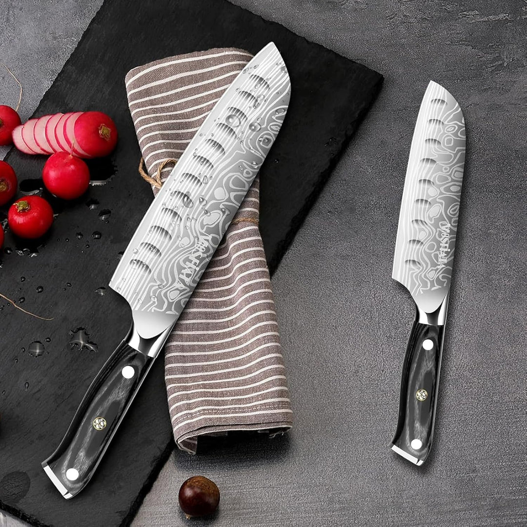 MOSFiATA 2PCS Küchenmesser, 7 Zoll Santoku Messer und 5.5 zoll Santoku Messer, Kochmesser Profi Japa
