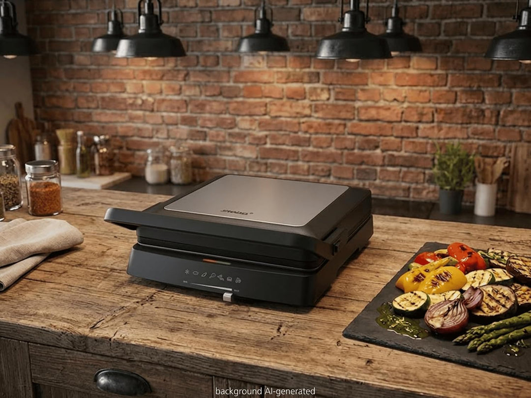 Steba FG 75 Panini-, Kontakt- und Tischgrill | PFAS-freie Grillplatten 27 x 24 cm, Betriebs- & Tempe