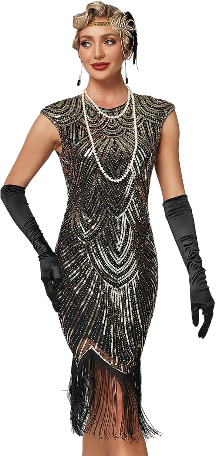 VILOREE Damen Kleid voller Pailletten 20er Stil Runder Ausschnitt Inspiriert von Great Gatsby Kostüm