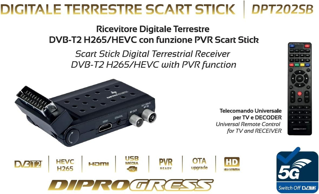 DIPROGRESS DPT202SB Digitaler terrestrischer Scart Stick DVB-T2 H265/HEVC Main 10 mit Universal-Fern