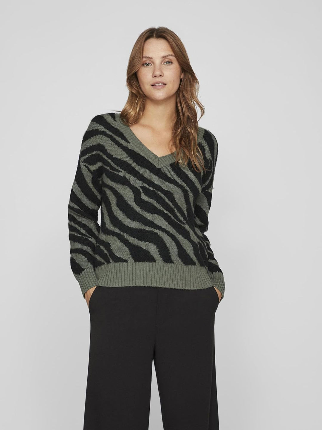 Vila Damen Viril Feami Mix V-Neck L/S Knit Top-noos Pullover XS Laurel Wreath/Pattern:with Black, XS