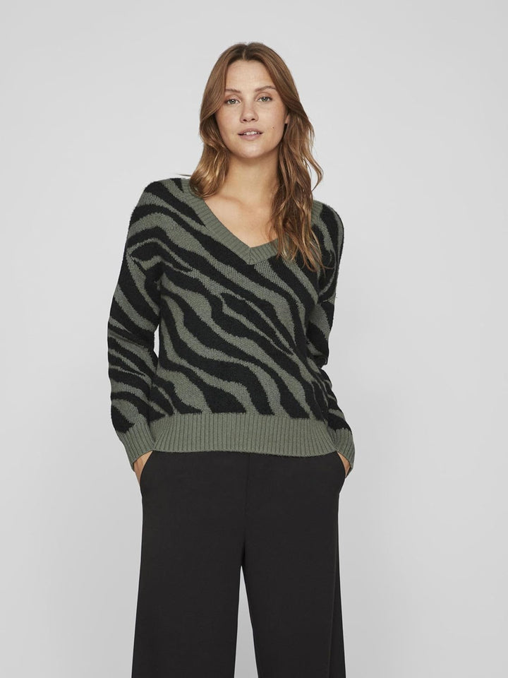 Vila Damen Viril Feami Mix V-Neck L/S Knit Top-noos Pullover XS Laurel Wreath/Pattern:with Black, XS