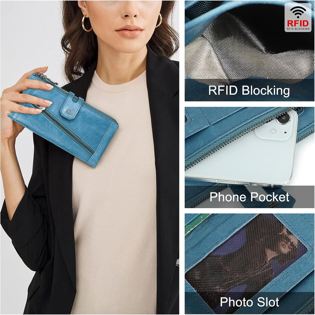 RFID Frauen Reissverschluss Brieftasche-Dame Karte Münzhalter Telefon Kupplung Geldbörse Echtes Lede