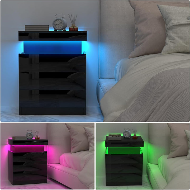 Lvhcmfohm Nachttisch Schwarz 2er Set, Nachtschrank mit Led Licht und Steckdose, Nachtkommode mit 3 S