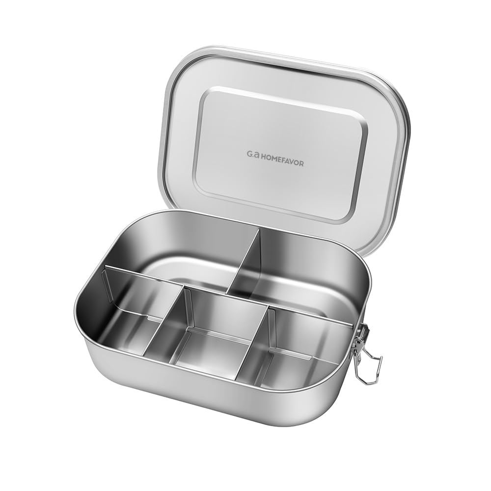 G.a HOMEFAVOR Edelstahl Brotdose Metall Lunchbox mit 5 Fächern 1400ml Auslaufsichere Bento Box Gross