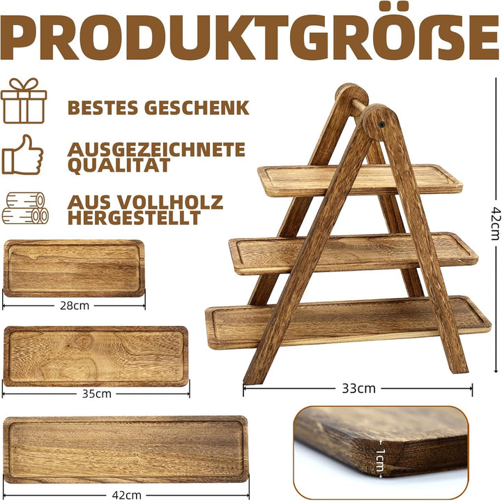 Dreistöckige Etagere aus Akazienholz, klappbar, rustikaler Präsentationsständer, geeignet für Desser