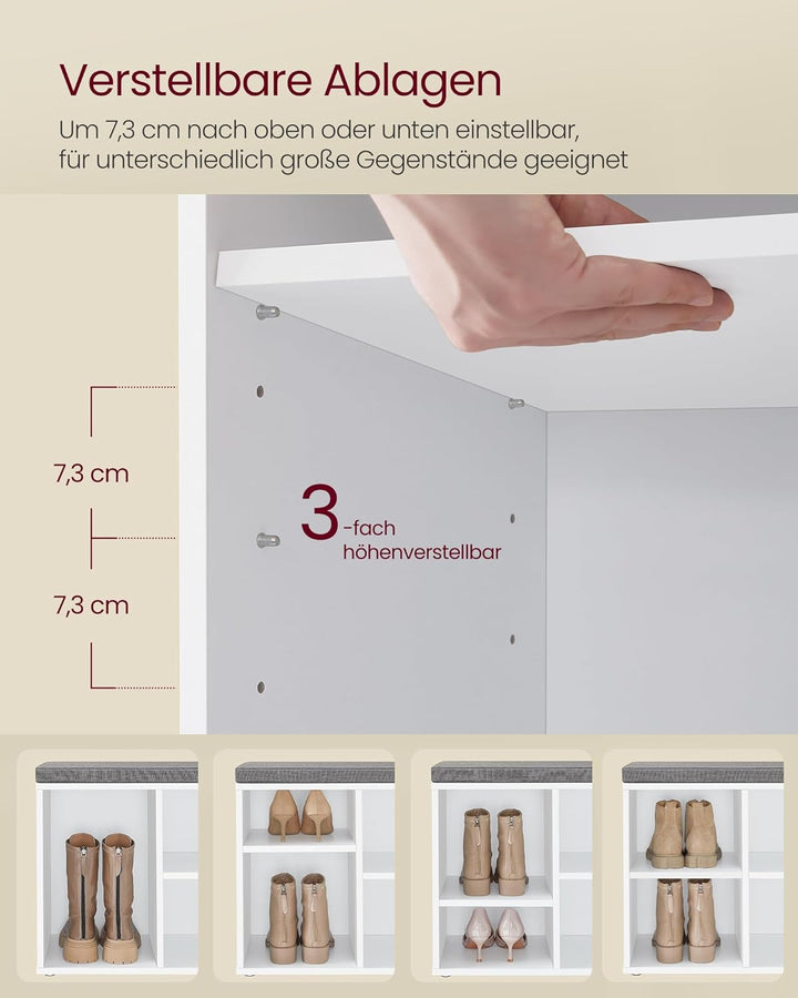 VASAGLE Schuhbank, Schuhregal mit Sitzfläche, Sitzbank mit Stauraum, Kissen, 4 Fächer, verstellbare